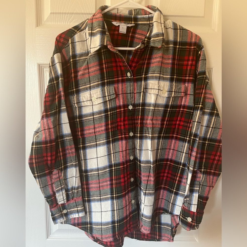 Women's Old Navy Classic Tartan Plaid Button Down Flannel, Boyfriend Fit, Large